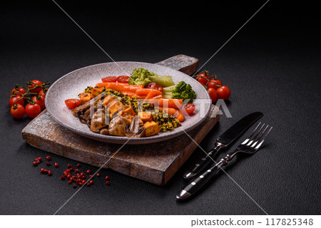 Colorful vegan vegetarian dish consists of tofu, broccoli, quinoa, mushrooms Colorful vegan vegetarian dish consists of tofu, broccoli, quinoa, mushrooms 117825348