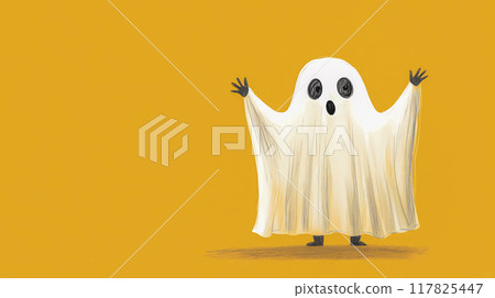 Cute hand drawn little ghost isolated on yellow background. Baby print for Halloween celebration. High quality illustration for kids products design. AI-generated item Cute hand drawn little ghost isolated on yellow background. Baby print for Halloween celebration. High quality illustration for kids products design. AI-generated item 117825447