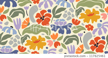 Vector summer seamless pattern with natural elements, flowers, leaves in modern trendy style. 117825461
