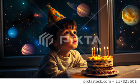 A cute little boy with a birthday cap on head celebrating birthday, blowing out candles on a cake, making a wish in a dark cosmic planets backdrop. AI-generated item. 117825601