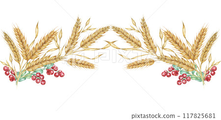 Wheat seamless border clipart combines watercolor wheat stalks with red berries, creating a charming design element for your projects. Perfect for holiday-themed designs, invitations, and crafts Wheat seamless border clipart combines watercolor wheat stalks with red berries, creating a charming design element for your projects. Perfect for holiday-themed designs, invitations, and crafts 117825681