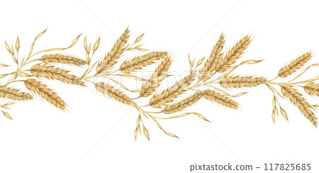 Wheat seamless border clipart with golden barley stalks in watercolor, ideal for enhancing agricultural or rustic-themed designs. Suitable for use in invitations, posters, and home decor items Wheat seamless border clipart with golden barley stalks in watercolor, ideal for enhancing agricultural or rustic-themed designs. Suitable for use in invitations, posters, and home decor items 117825685