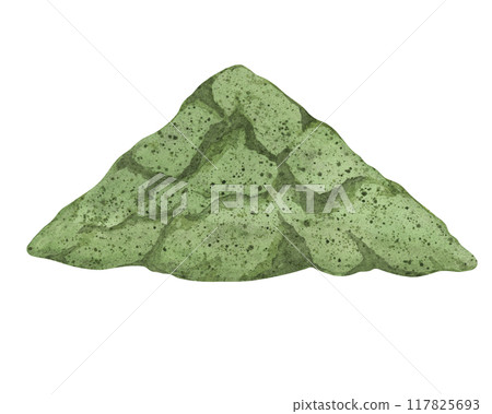 Green powder clipart featuring a detailed, textured green mound. Watercolor illustration for health-related projects, natural product branding, wellness merchandise and educational materials. 117825693