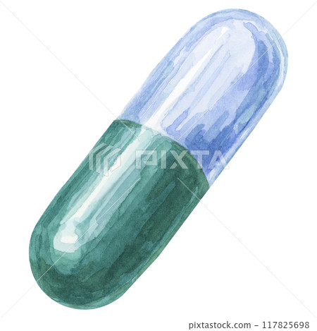 Softgel watercolor clipart featuring a green capsule with a glossy finish, ideal for healthcare designs. Use in pharmaceutical packaging, health and wellness products, and educational illustrations. 117825698