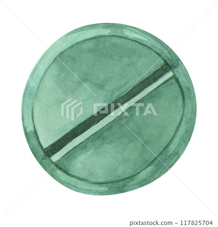 Medication watercolor clipart showcasing a round, green tablet with a bisecting line, ideal for medical and wellness projects, for pharmaceutical branding, health brochures, and educational materials Medication watercolor clipart showcasing a round, green tablet with a bisecting line, ideal for medical and wellness projects, for pharmaceutical branding, health brochures, and educational materials 117825704