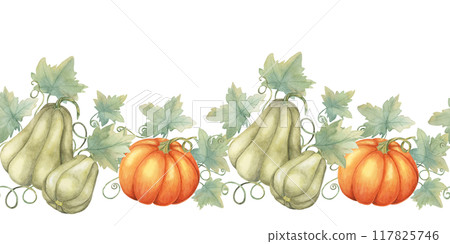 Squash seamless border clipart presents a mix of green, and orange gourds with watercolor leaves, ideal for creating harvest-themed designs. Perfect for stationery, scrapbooking, and fabric prints 117825746