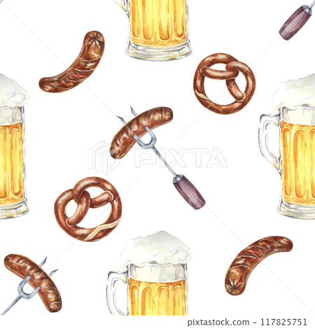 Beer mugs, pretzels, and sausages background. Watercolor seamless pattern Ideal for party supplies, event invitations, kitchen decor, and Oktoberfest-themed merchandise and decorations Beer mugs, pretzels, and sausages background. Watercolor seamless pattern Ideal for party supplies, event invitations, kitchen decor, and Oktoberfest-themed merchandise and decorations 117825751