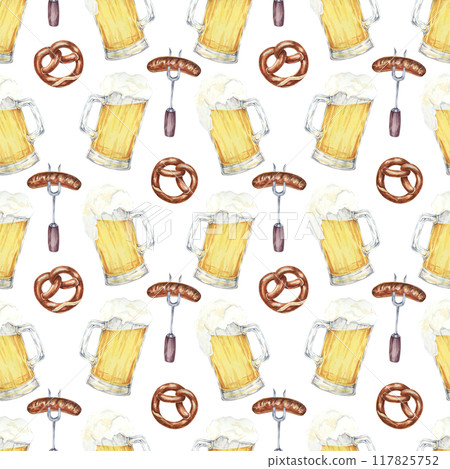 Watercolor seamless pattern featuring beer mugs, pretzels, and sausages. Ideal for party decorations, event promotions, themed apparel, and festive merchandise for Oktoberfest Watercolor seamless pattern featuring beer mugs, pretzels, and sausages. Ideal for party decorations, event promotions, themed apparel, and festive merchandise for Oktoberfest 117825752