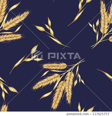 Clusters of golden Barley or Wheat ears. Watercolor seamless pattern for autumn-themed textiles, rustic wallpaper, eco-friendly product packaging, and organic branding materials, Shavuot, thanksgiving Clusters of golden Barley or Wheat ears. Watercolor seamless pattern for autumn-themed textiles, rustic wallpaper, eco-friendly product packaging, and organic branding materials, Shavuot, thanksgiving 117825757