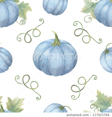 Blue pumpkins and green foliage background. Watercolor seamless pattern clipart perfect for autumn event invitations, home textiles, wrapping paper, and eco-friendly packaging designs 117825768