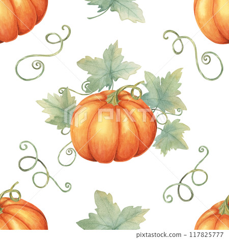 Orange pumpkins with green leaves and vines clipart. Watercolor seamless pattern Perfect for autumn-themed wrapping paper, fabric design, party invitations, and seasonal decorations. 117825777