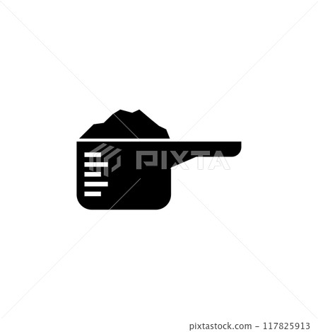 Black silhouette of a measuring scoop filled with contents, depicted in a flat, solid icon style 117825913