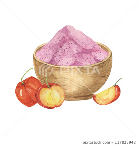 A bowl filled with pink acerola powder and fresh red Barbados cherries. Watercolor clipart of acerola berry superfood. Perfect for health product labels, recipe books, and wellness blogs A bowl filled with pink acerola powder and fresh red Barbados cherries. Watercolor clipart of acerola berry superfood. Perfect for health product labels, recipe books, and wellness blogs 117825948