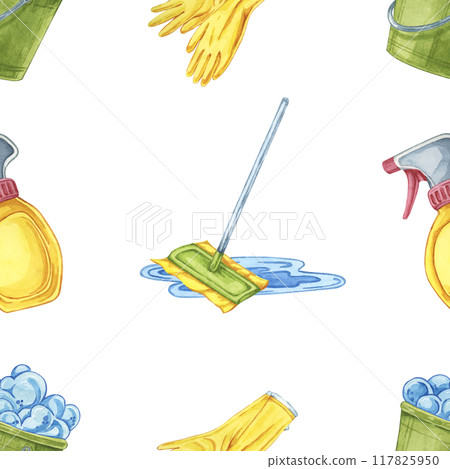 Mops, buckets, and gloves as watercolor seamless pattern. Watercolor backdrop for custom fabric prints, packaging designs for cleaning products, and promotional materials for cleaning services 117825950