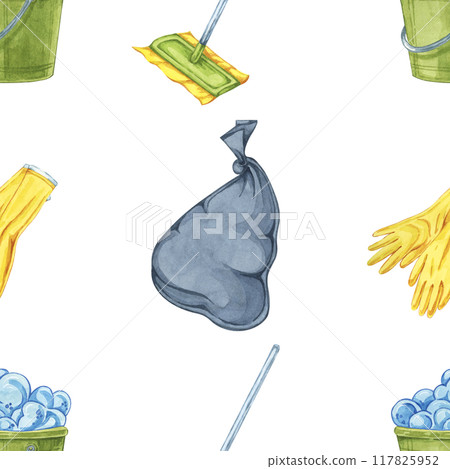 Mix of cleaning tools such as garbage bags, gloves, and mops. Watercolor seamless pattern for use in custom fabric designs, cleaning service advertisements, and home organization guides 117825952