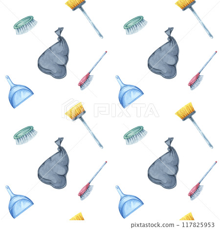 Black garbage bags, brooms, and dustpans watercolor seamless pattern. Clipart for backgrounds in presentations about recycling, cleaning product packaging, and educational materials on waste disposal Black garbage bags, brooms, and dustpans watercolor seamless pattern. Clipart for backgrounds in presentations about recycling, cleaning product packaging, and educational materials on waste disposal 117825953