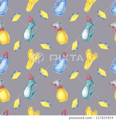 Cleaning items seamless pattern including gloves, spray bottles, and detergent. Backdrop for creating custom wallpapers, promotional materials for cleaning services, and household product packaging Cleaning items seamless pattern including gloves, spray bottles, and detergent. Backdrop for creating custom wallpapers, promotional materials for cleaning services, and household product packaging 117825954