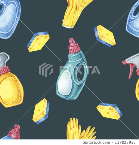 Watercolor seamless pattern with yellow gloves, detergent bottles, sponges, and spray bottles for use in packaging designs, cleaning service brochures, and custom fabric prints for home decor 117825955