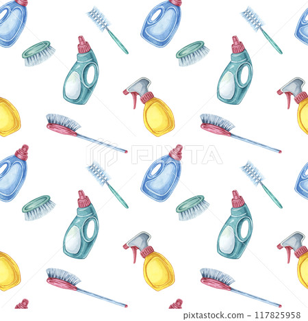 Housekeeping seamless pattern showcasing spray bottles, detergent, brushes, and sponges. Clipart for wallpaper designs, home cleaning blogs, and product packaging for household cleaning items 117825958