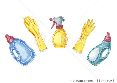 Various cleaning supplies including gloves, spray bottles, and detergent. Watercolor clipart to be used for product labels, cleaning service advertisements, and home cleaning checklists, housekeeping 117825961