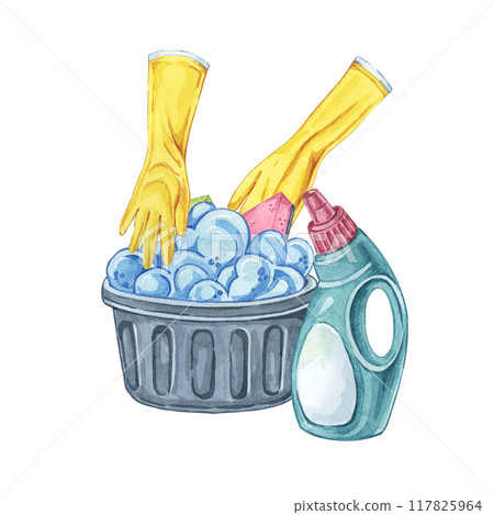 A black basket filled soap lather with cleaning supplies and pair of yellow gloves. Watercolor Clipart for illustrating articles on spring cleaning, housekeeping tips, and cleaning service promotions 117825964