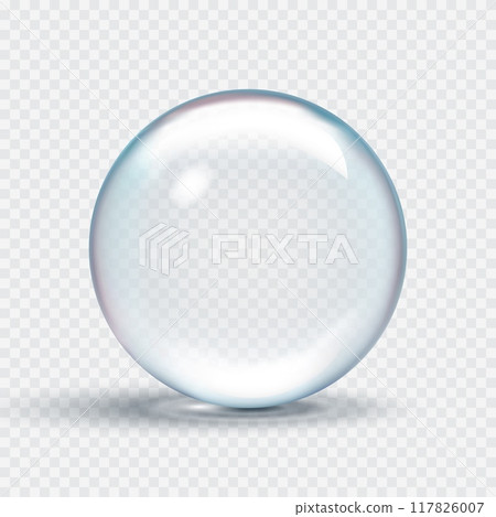 Clear soap bubble with subtle rainbow reflections. 3d vector water drop on a transparent background 117826007