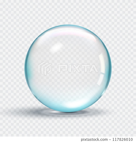 Glossy transparent clear water drop bubble with blue highlights. Vector 3d illustration 117826010