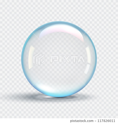 Realistic transparent soap bubble with blue tint. Water clear drop. Vector 3d illustration Realistic transparent soap bubble with blue tint. Water clear drop. Vector 3d illustration 117826011