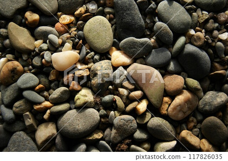 Stones of different sizes on the beach. Background texture. 117826035