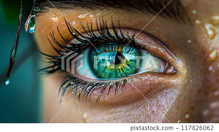 Macro photo of a green female eye with black pupil with which displays forest trees. Human vision, gaze, look. Ecology, people and nature concept. Fantastic woman eye close up. AI-generated item. 117826062