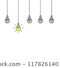 Vector illustration of light bulbs with one burning, an idea that has arisen, hanging non-working light bulbs, a promising idea, 5 cartoon-style light bulbs, a symbol of the idea 117826140