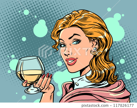 Pop Art Retro A beautiful girl is holding a glass of drink. Seasonal offers of alcoholic drinks. Advertising of the establishment. Pop Art Retro A beautiful girl is holding a glass of drink. Seasonal offers of alcoholic drinks. Advertising of the establishment. 117826177