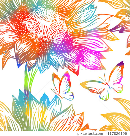 Colored flower with butterflies seamless background. hand drawing. Not AI, Vector illustration Colored flower with butterflies seamless background. hand drawing. Not AI, Vector illustration 117826196