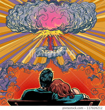 A couple of a man and a woman are sitting on a bench and looking at the explosion. The lovers are together until the last moment. Offers for couples in love. 117826212