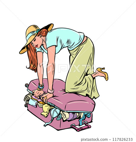 Pop Art Retro A girl packs her suitcase for a summer vacation. Organizing luggage for the flight. Buying the best air tickets. 117826233