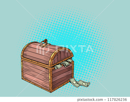 Pop Art Retro Wooden luxury chest with money. Financial savings that accumulate. Wealth under lock and key. 117826236