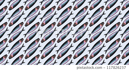 Vector seamless pattern with sardines on light blue background 117826237
