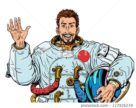 Pop Art Retro A male astronaut looks forward and waves his hand, taking off his helmet. World Day of Cosmonautics and Universe Exploration. An offer from a costume store for a holiday. 117826239