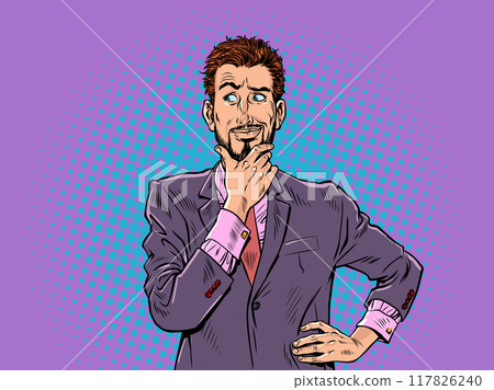 Pop Art Retro A guy in a purple suit is thinking about a problem. Come up with an interesting solution to the situation. Emotional expression of a person's face. 117826240
