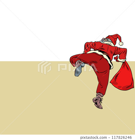 Christmas creeps to our doors. Santa Claus climbs over the wall with a bag of gifts. Delivery despite the situation in the cold season. Pop Art Retro Christmas creeps to our doors. Santa Claus climbs over the wall with a bag of gifts. Delivery despite the situation in the cold season. Pop Art Retro 117826246