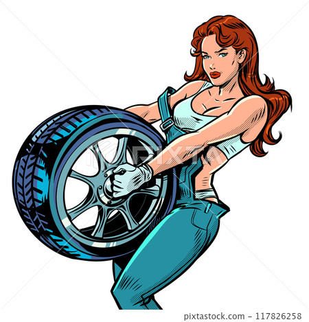 Pop Art Retro A woman in overalls is a tire mechanic for cars. Vehicle repair workshop. Replacement of disks and tires for drivers' cars. Pop Art Retro A woman in overalls is a tire mechanic for cars. Vehicle repair workshop. Replacement of disks and tires for drivers' cars. 117826258