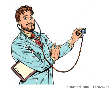 Healthcare and medical institutions under government agencies. A professional at work. A male doctor listens to a patient. Pop Art Retro Healthcare and medical institutions under government agencies. A professional at work. A male doctor listens to a patient. Pop Art Retro 117826265