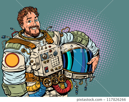The approaching future and human exploration of outer space. The male astronaut took off his helmet. Unique offers on Cosmonautics Day. Pop Art Retro 117826266