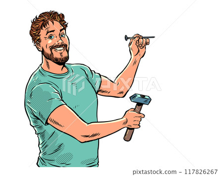 Household repair and repair company. A man holds a hammer and a nail. A hardware store with all the necessary tools.Pop Art Retro 117826267