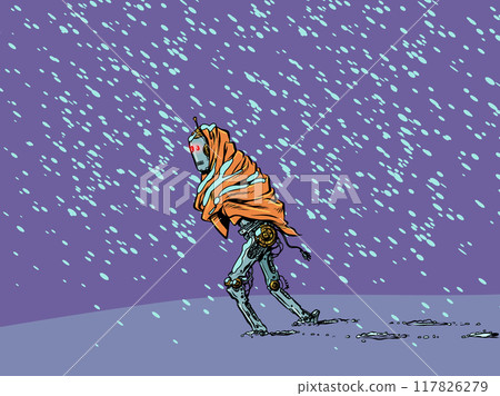 Pop Art Retro A vintage robot walks through the snow in a blanket. A lonely journey through cold obstacles. System software for equipment at a discount in honor of the New Year. Pop Art Retro A vintage robot walks through the snow in a blanket. A lonely journey through cold obstacles. System software for equipment at a discount in honor of the New Year. 117826279