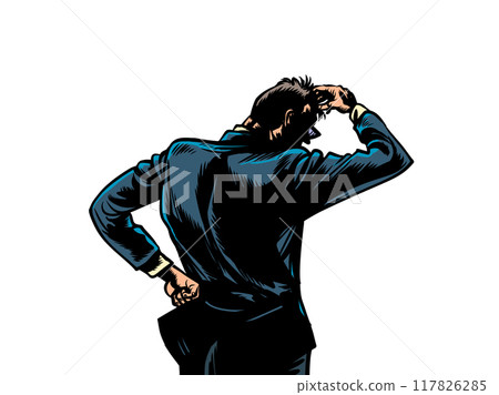 The boss of the company is trying to come up with something. Brainstorm an employee on how to solve a problem. A man in a business suit holds one hand to his head. Pop Art Retro 117826285
