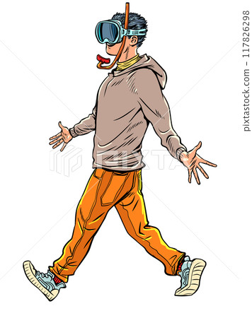 Pop Art Retro A stylish guy walks in clothes and with scuba gear. A fun tropical vacation. An original gift for your significant other. 117826298