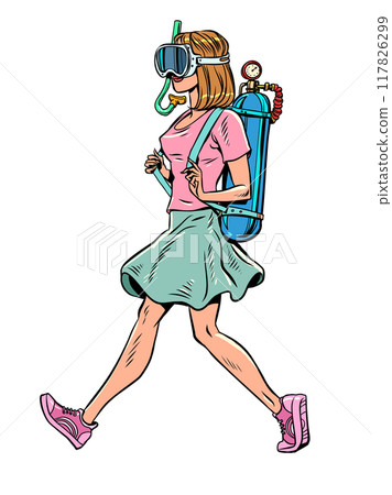 Pop Art Retro A stylish girl walks in clothes and with scuba gear. A fun tropical vacation. An original gift for your significant other. 117826299