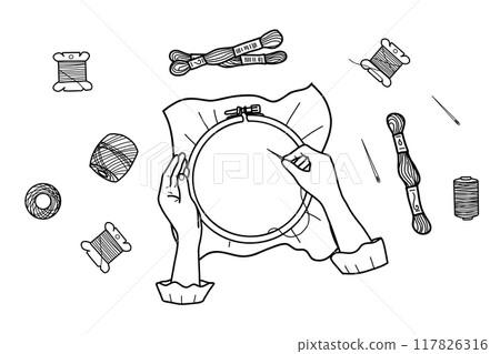 Needlework, embroidery concept. Female Hands embroidering on a hoop, Threads Spools, Needles and Mulin Floss isolated on a white background. Top view. Vector illustration in doodle style. Hand drawn Needlework, embroidery concept. Female Hands embroidering on a hoop, Threads Spools, Needles and Mulin Floss isolated on a white background. Top view. Vector illustration in doodle style. Hand drawn 117826316