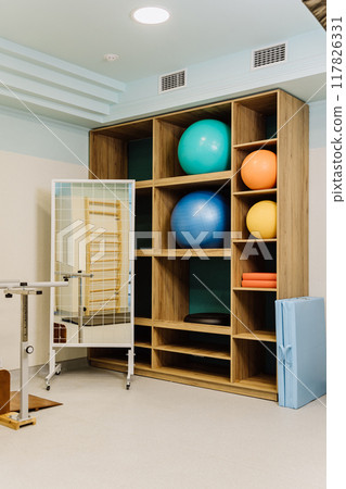 Exercise equipment in a modern rehabilitation center, including therapy balls and mobility aids Exercise equipment in a modern rehabilitation center, including therapy balls and mobility aids 117826331